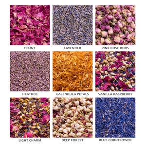 Puede incluir: Surtido de p&eacute;talos de flores secas en varios colores, incluyendo rosa, morado, blanco, azul, naranja y amarillo. Los p&eacute;talos est&aacute;n dispuestos en una cuadr&iacute;cula con etiquetas para cada tipo de flor: Peon&iacute;a, Lavanda, Capullos de Rosa Rosa, Brezo, P&eacute;talos de Cal&eacute;ndula, Vainilla Frambuesa, Encanto Ligero, Bosque Profundo y Aciano.