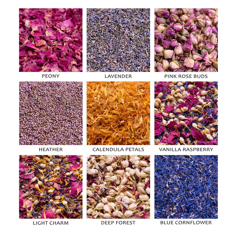 Puede incluir: Surtido de p&eacute;talos de flores secas en varios colores, incluyendo rosa, morado, blanco, azul, naranja y amarillo. Los p&eacute;talos est&aacute;n dispuestos en una cuadr&iacute;cula con etiquetas para cada tipo de flor: Peon&iacute;a, Lavanda, Capullos de Rosa Rosa, Brezo, P&eacute;talos de Cal&eacute;ndula, Vainilla Frambuesa, Encanto Ligero, Bosque Profundo y Aciano.