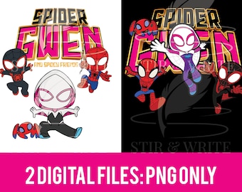 May include: Digital illustration of Spider-Gwen with three other Spider-Man characters. The text "Spider Gwen" is in pink and gold letters with the words "Find Spidey Friends" below.