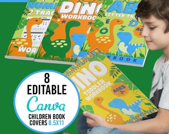 KDP Dinosaur Children Coloring Activity Book Cover Editable Canva KDP Ready Template / Book Cover Imprimible 8.5x11 Set de 8 con bonificación