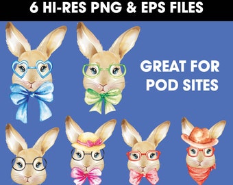 Easter Watercolor Bunny in PNG and EPS | 6 Hi-Res Easter Bunnies | Great for POD Sites