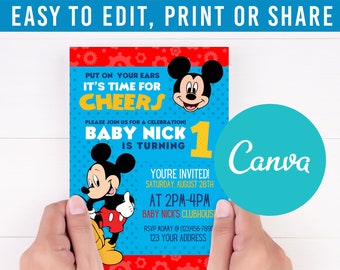 Invitación de cumpleaños, Invitación de Mickey editable e imprimible, Descarga instantánea, CANVA editable