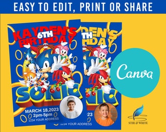 Invitación de cumpleaños, invitación de Sonic Hedgehog editable e imprimible, descarga instantánea, CANVA editable