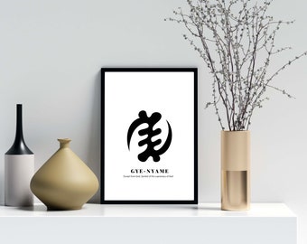 Czarny symbol Gye-Nyame Adinkra, sztuka ścienna Adinkra, afrykańska sztuka ścienna, druk cyfrowy, druk artystyczny, wystrój afrykański, druk afrykański, druk Kente