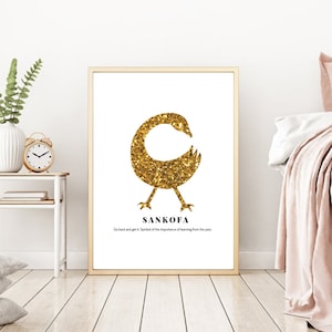 Gold Sankofa Adinkra symbol, Adinkra wall art, African wall art, digital print, art print, African decor, African print, kente print