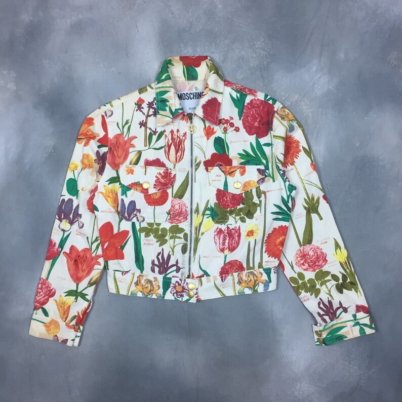 80s 90s RARE Moschino Jacket Whimsical Floral Print Moschino Jeans Jacket90s Moschino Peace Multicolor Flowers Motif Made in Italy Jacket