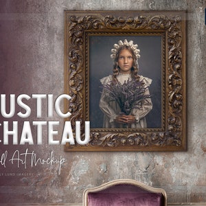 May include: A rustic, ornate, gold-toned frame with a detailed floral design surrounds a portrait of a young girl holding a bouquet of lavender flowers. The background is a textured, gray wall.