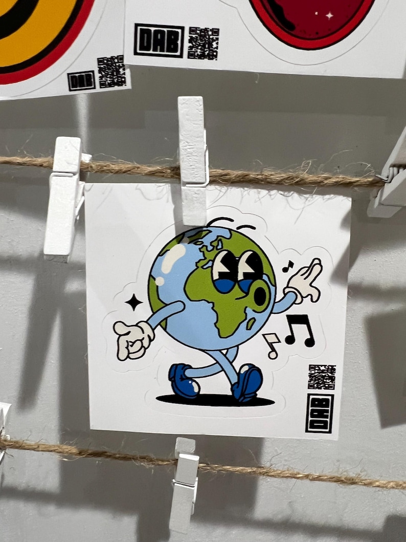 Very Blue Sticker Note Walking Earth Sticker, Retro Rubber Hose Cartoon Die Cut Decal, Happy ...