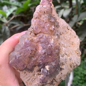 May include: A raw, uncut amethyst crystal cluster. The crystal features a mix of translucent and opaque sections, with shades of purple and clear quartz. The rough texture and natural form of the stone are visible.