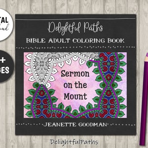 Printable sermon on the mount coloring book for Christian adults with Bible verses (includes the beatitudes and the Lord's prayer)