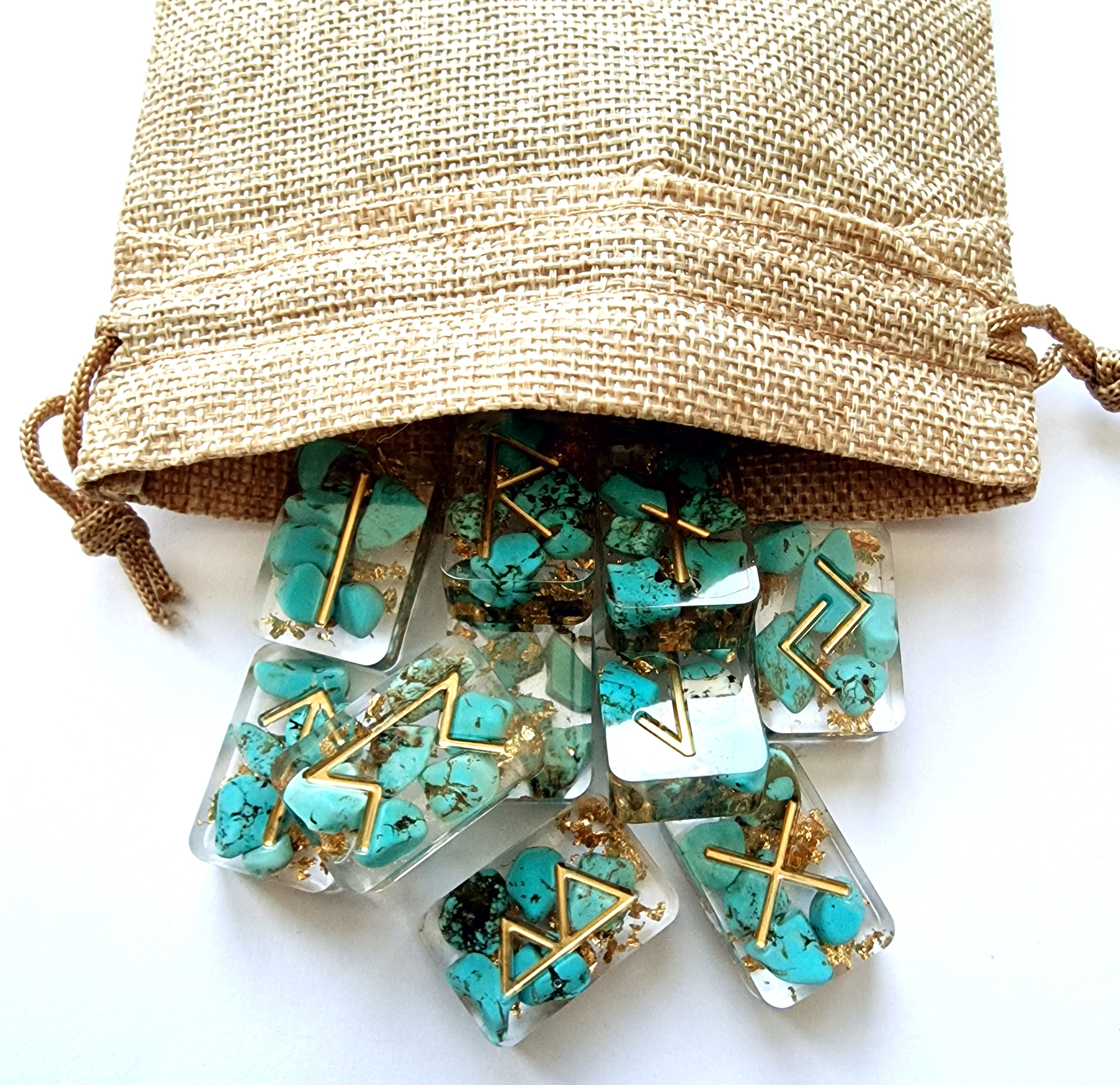 Turquoise and Gold Leaf Futhark Runes Set With Rune Meaning Deck and ...