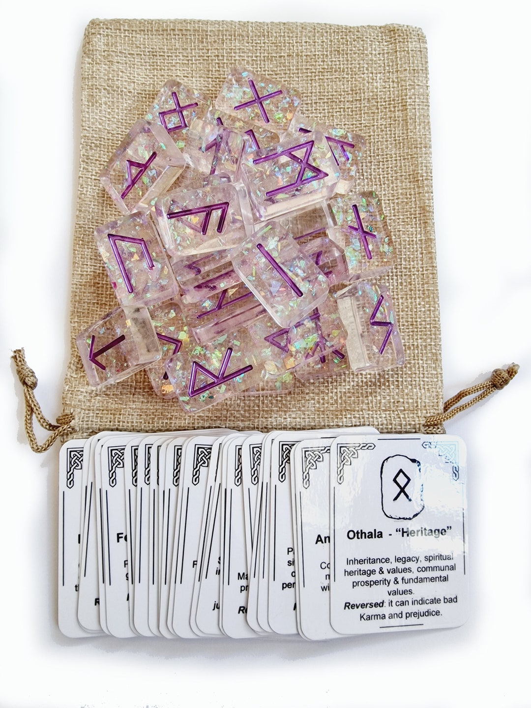 Holographic Iridescent Purple Futhark Runes Set With Rune Meaning Deck ...