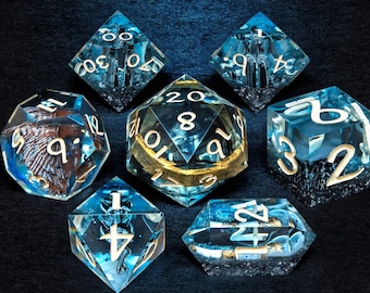 Handmade Epoxy Resin Dice, Magic Fantasy Dice, Blue Gold Sharp Edges Dice, D&D Dice Set, Role Playing Game Dice, TTRPG Set of Dice
