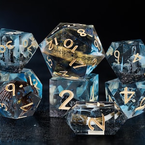 Handmade Epoxy Resin Dice, Magic Fantasy Dice, Blue Gold Sharp Edges Dice, D&D Dice Set, Role Playing Game Dice, TTRPG Set of Dice