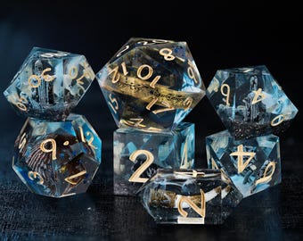 Handmade Epoxy Resin Dice, Magic Fantasy Dice, Blue Gold Sharp Edges Dice, D&D Dice Set, Role Playing Game Dice, TTRPG Set of Dice