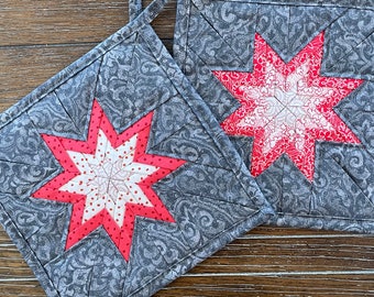 Red and Grey Folded Star Quilted Hot Pad Set