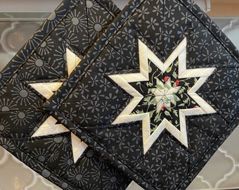 Black, Pops of White, Red, and Green Folded Star Quilted Hot Pad Set