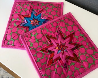 Hot Pink Folded Star Quilted Hot Pad Set