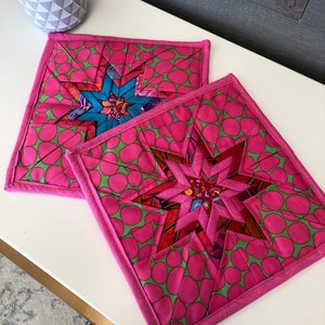 Hot Pink Folded Star Quilted Hot Pad Set