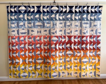 Handmade Queen Size Quilt, Gradient colors quilt in modified Flying Geese Pattern