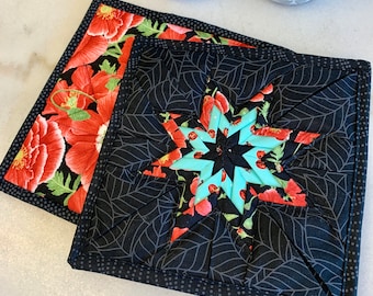 Black, Red and Turquoise Folded Star Quilted Hot Pad Set