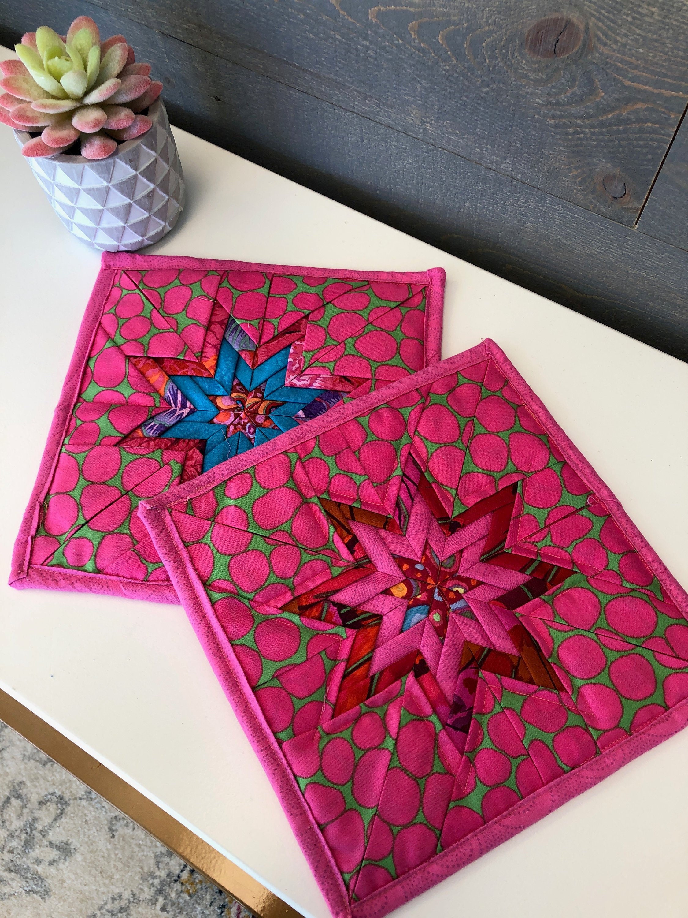 Hot Pink Folded Star Quilted Hot Pad Set Etsy