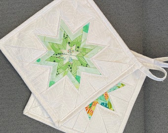 White, Aqua, Pale Green, Pops of Orange Folded Star Quilted Hot Pad Set