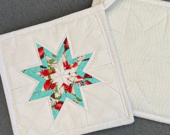 White, Turquoise, Pops of Red Folded Star Quilted Hot Pad Set