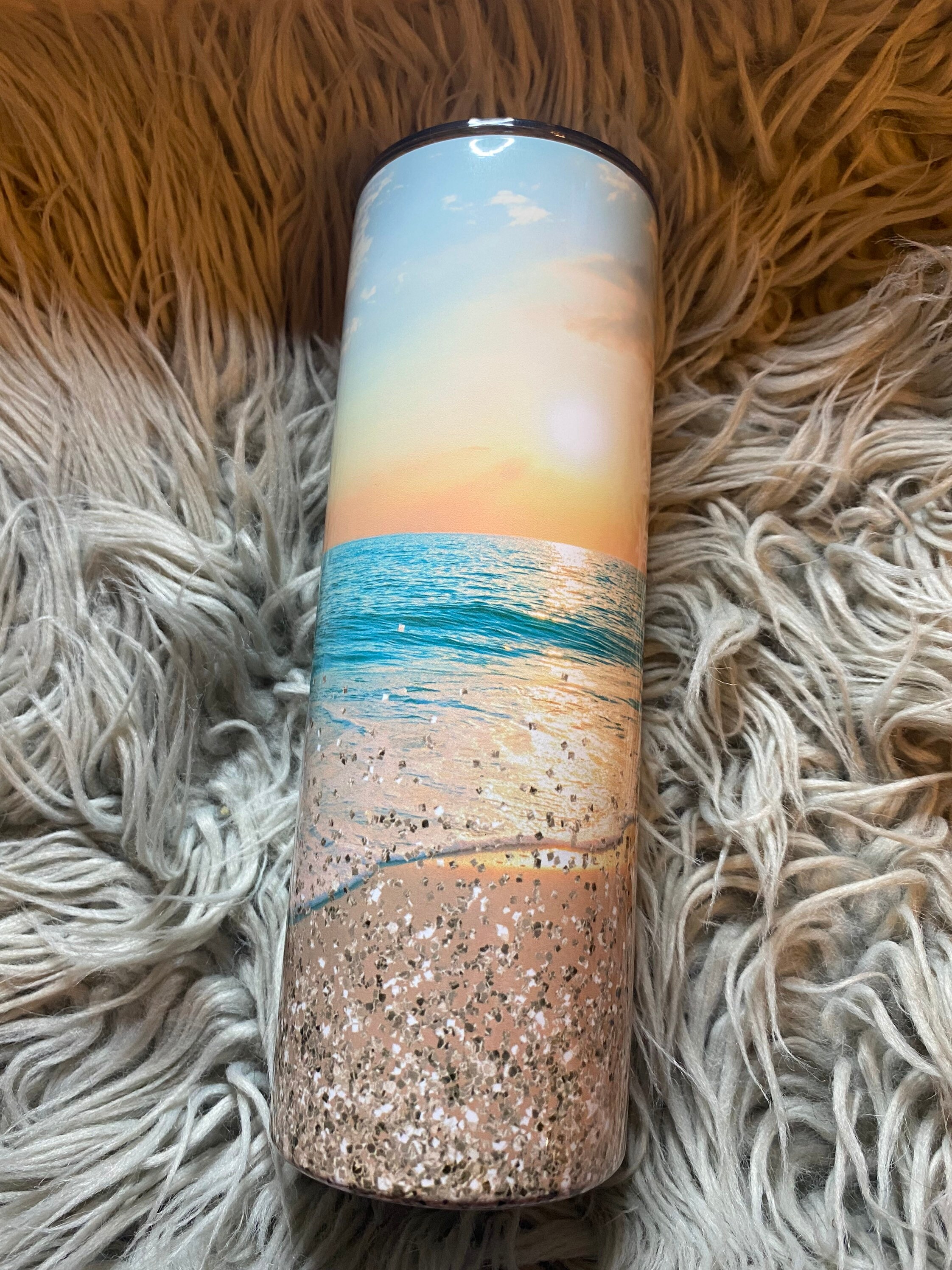 Ocean Beach Faux Glitter 20 oz Skinny Sublimation Tumbler – KTBug