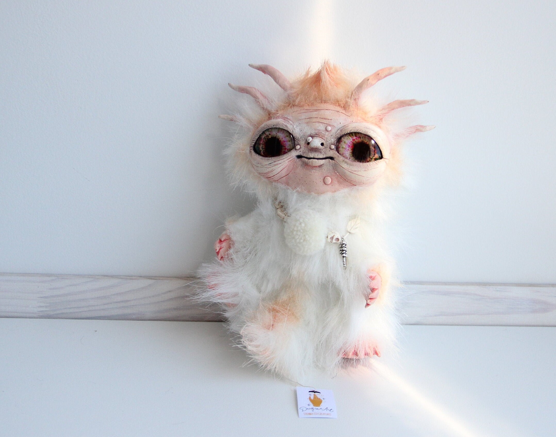 White axolotl plush toy. Art toy axolotl. Creepy art toy. Etsy