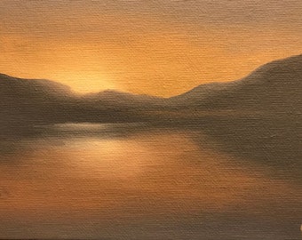 Sienna sunset, Loch Tay.  Oil on canvas board.  5” x 7”.