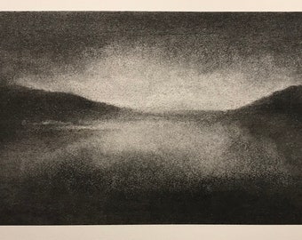 Last light, Loch Earn (i).  Original charcoal drawing inspired by beautiful dusk light on Loch Earn, Perthshire.