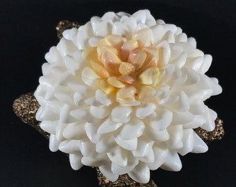 Chrysanthemum Seashell Forever Flower handmade with natural Florida Coquina Shells includes Coral Branch for display