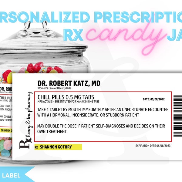 Personalized Prescription Candy Jar, Candy Chill Pills, RX Candy, Gift for OBGYN Dr., OBGYN Doctor Office Gift, Doctor Holiday Gift