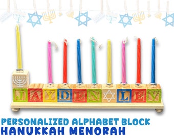 Children's Personalized Wood Alphabet Block Menorah, Alphabet Blocks, Kids 1st Menorah, kids Hanukkah Gifts, Personalized Name Block Menorah