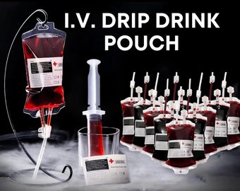 Halloween Party Cups, I.V. Bag Drink Pouch, Blood Bag Drink Cups + Labels, Vampire, Zombie, Nurse, Halloween Drink Cups, Halloween Decor