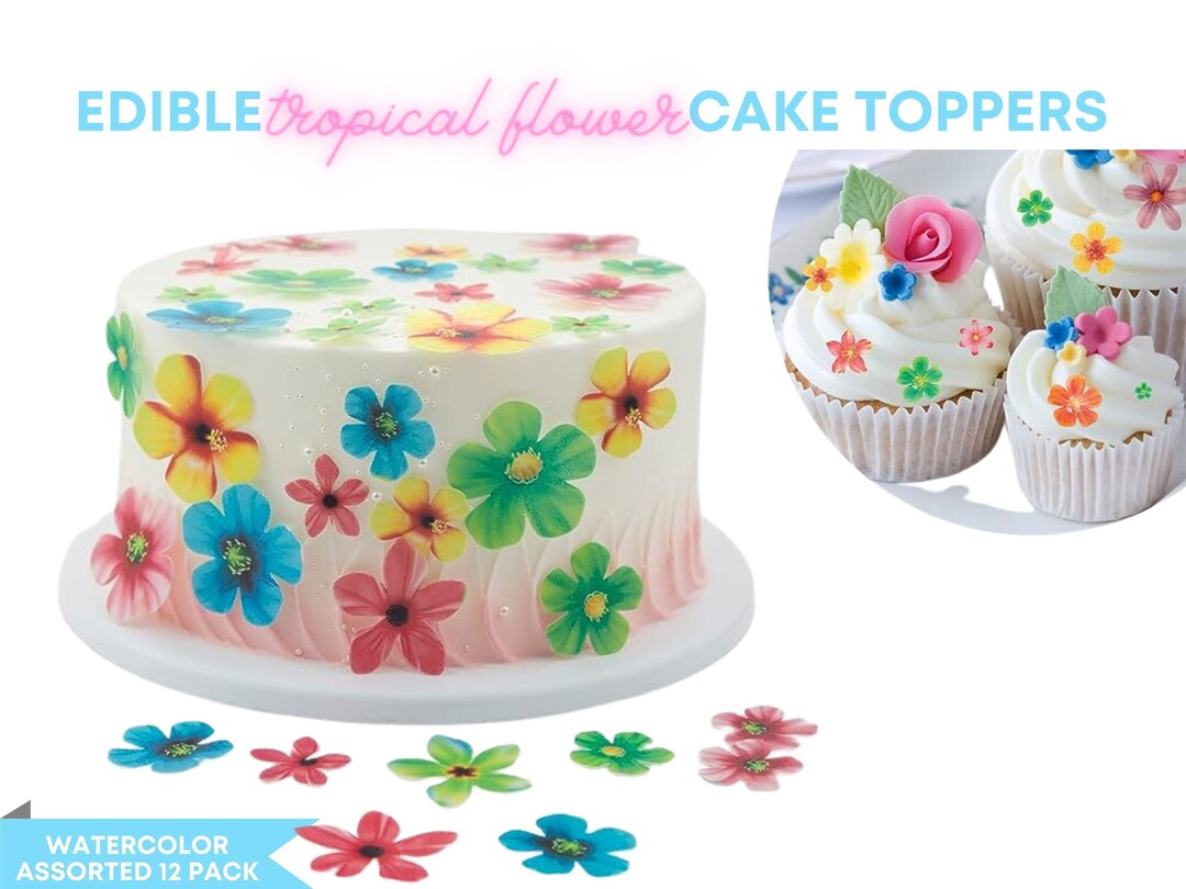 Edible Tropical Flowers Cake Toppers, Colorful Edible Flowers Cupcake