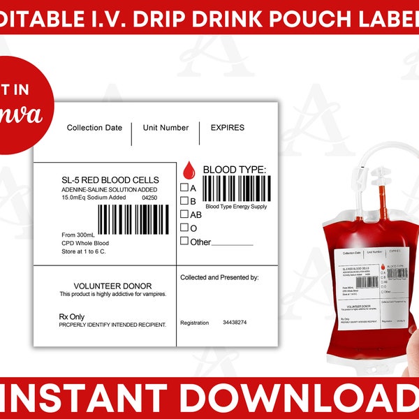 Editable I.V. Drip Drink Pouch Label, Instant Download I.V. Drink Bag Label, Medicine Label Template, Fake Prescription Label Template