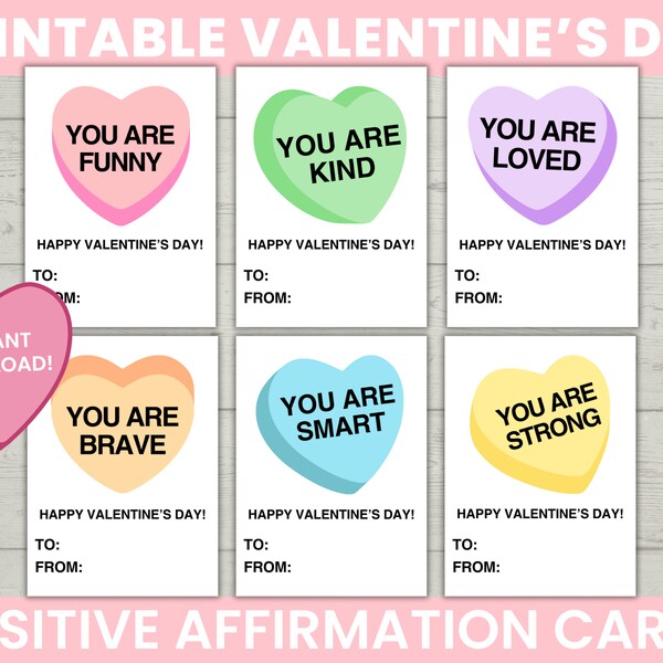 Printable Kids Valentines Cards, Positive Affirmation VDay Cards, Classroom Cards, Kids Cards, Kids DIY Valentines Day, Conversation Hearts