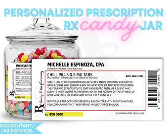 Pot de bonbons sur ordonnance personnalisé, cadeau d’anniversaire Candy Chill Pills, bonbons RX, cadeau pour comptable, cadeau pour CPA, cadeau de vacances CPA