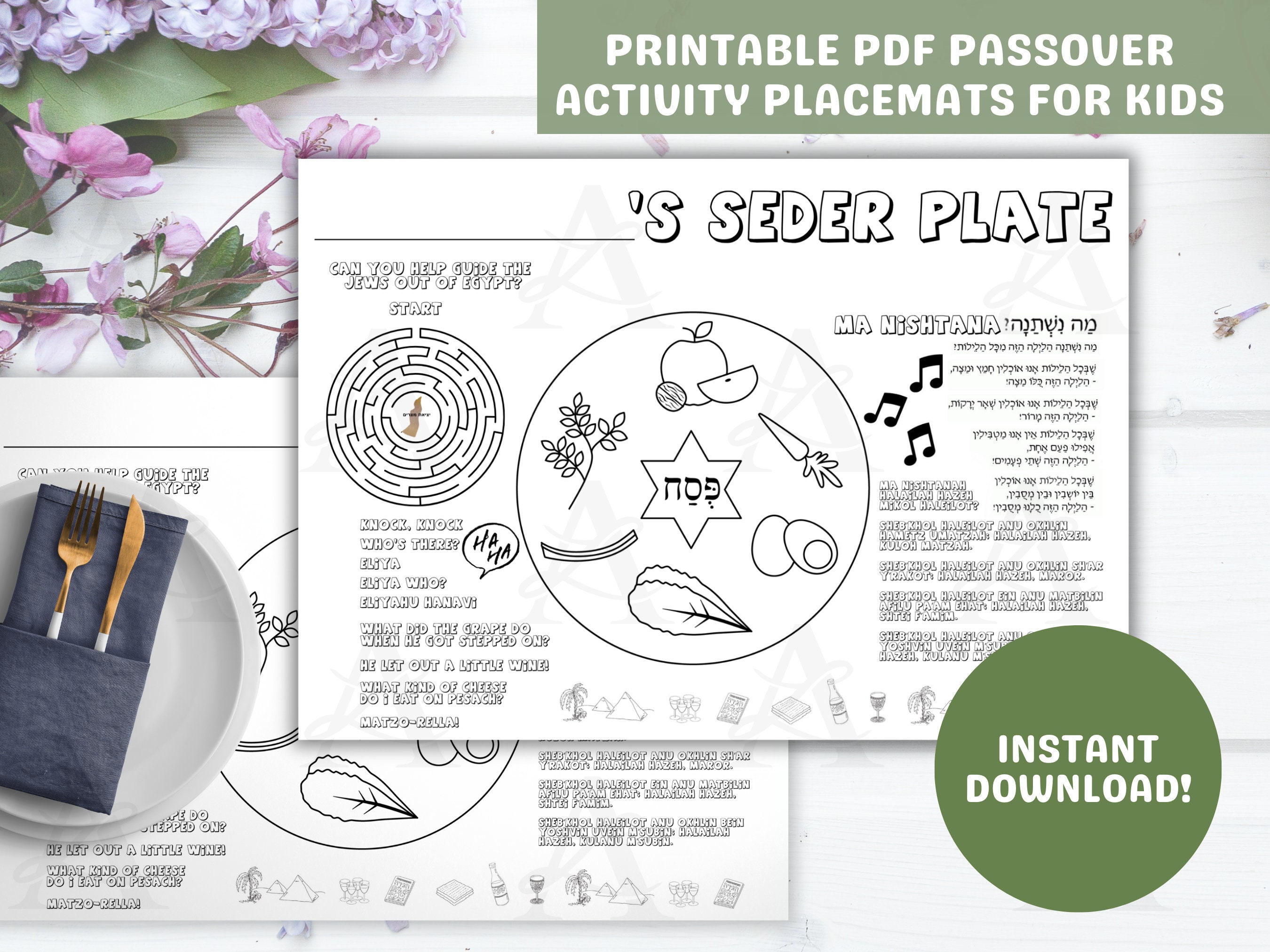 Printable Passover Seder Activity Placemats for Kids, Seder Dinner ...