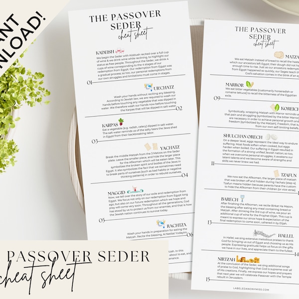 Printable Passover Seder Cheat Sheet, Pesach Seder Haggadah Guide, Passover Haggadah Instant Download