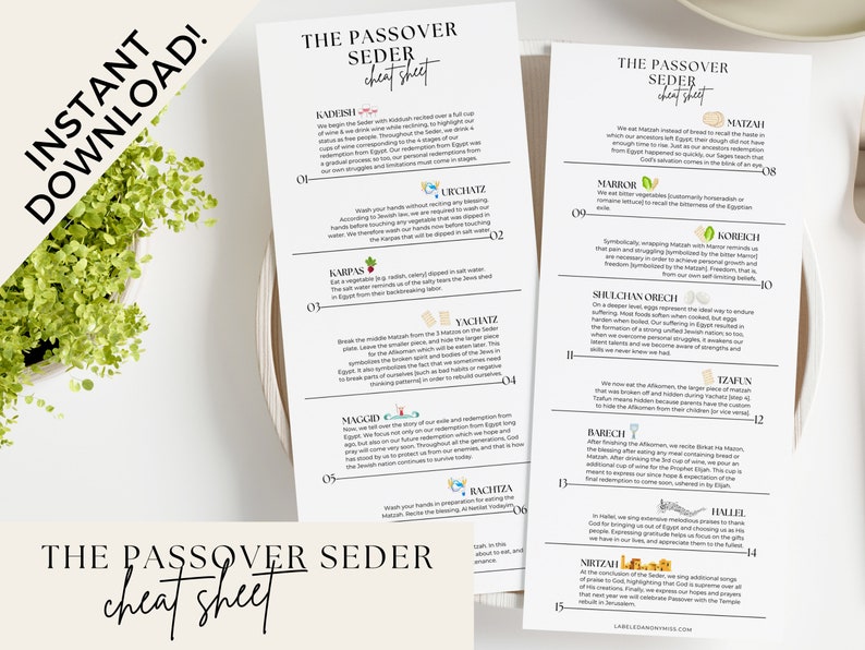 Printable Passover Seder Cheat Sheet, Pesach Seder Haggadah Guide, Passover Haggadah Instant Download image 1