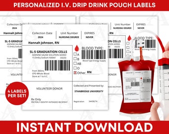 Personalized I.V. Drip Drink Pouch Label, Custom I.V. Drink Bag Label, Custom Medicine Label, Fake Prescription Label