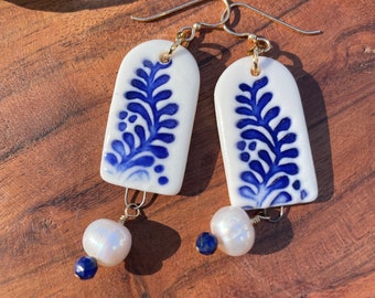 Porcelain Botanical Ceramic Drop Earrings, Gold-Fill,  Freshwater Pearls, Elegant Pearl Dangle Earrings, Handmade Jewelry, Cobalt Blue