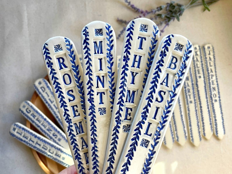 Blue and White Large Garden Plant Markers, Oversized Ceramic Plant Tags, Gardening Gift image 6