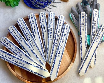 Blue and White Garden Plant Markers, Large Oversized Ceramic Plant Tags, Gardening Gift