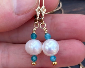 Pearl and Gemstone Drop Earrings, Gold-Fill,  Lever Back Dangle Earrings, Handmade Jewelry