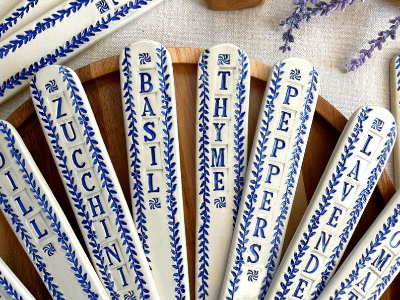 Blue and White Large Garden Plant Markers, Oversized Ceramic Plant Tags, Gardening Gift image 2