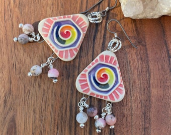 Triangle Spirals, Hand Painted Rainbow, Ceramic Niobium Drop Earrings,  Whimsical Boho Dangle Earrings, Handmade Jewelry